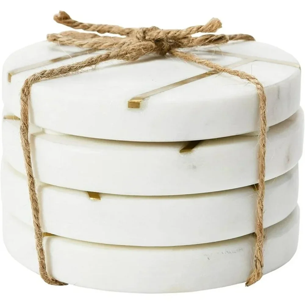 Creative Co-Op Round Marble Coasters with Brass Inlay, White, Set of 4/NWT